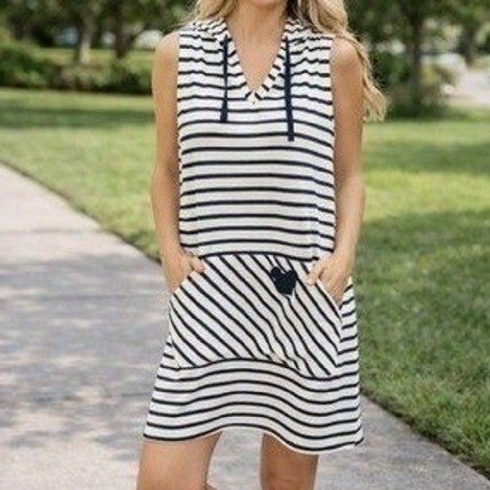 Junk Food Disney Womens Hoodie Dress Mickey Mouse Striped Sleeveless Navy White
